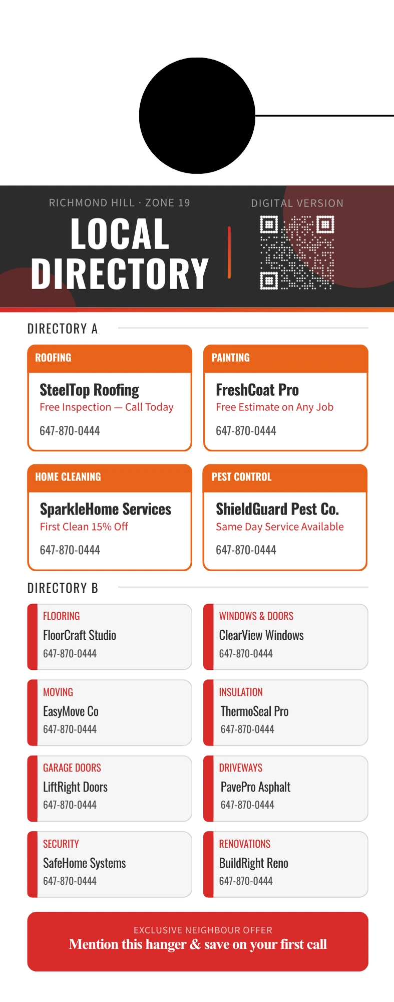 Back of the HomeZone door hanger: four Directory A listings with offer lines and eight Directory B listings